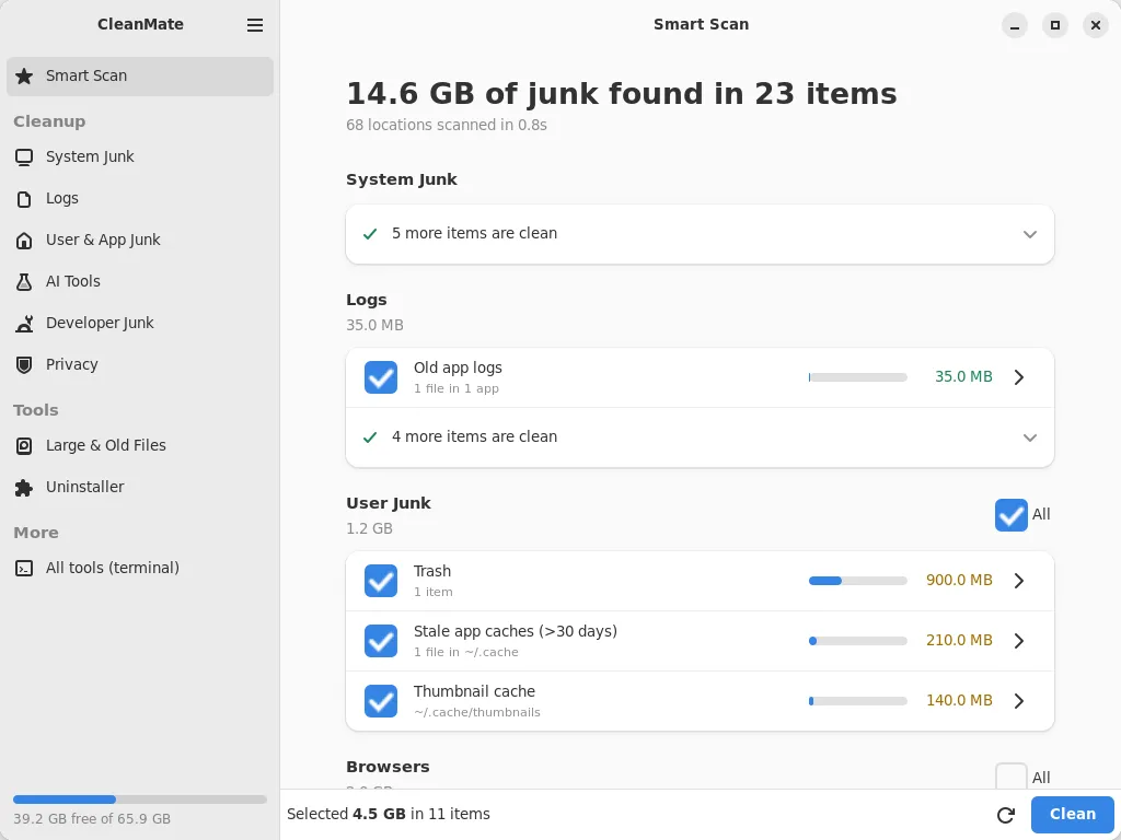 CleanMate desktop app on Ubuntu with Smart Scan results