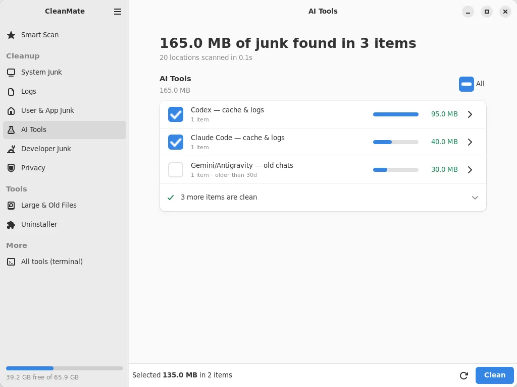 AI Tools section of CleanMate on Ubuntu, listing sessions and caches per tool