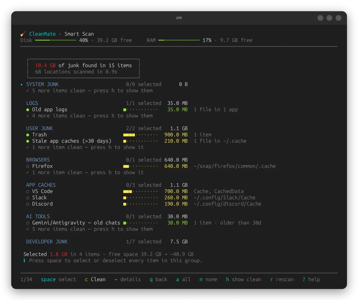 CleanMate terminal app showing Smart Scan in a terminal window