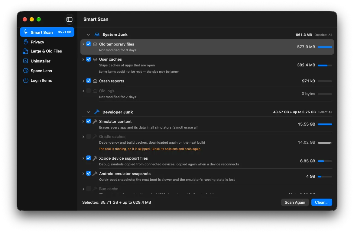 CleanMate Smart Scan on a Mac, listing system junk and developer junk with their sizes
