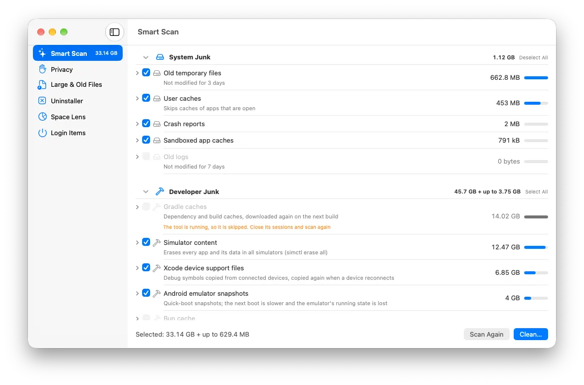 CleanMate Smart Scan on a Mac, listing system junk and developer junk with their sizes