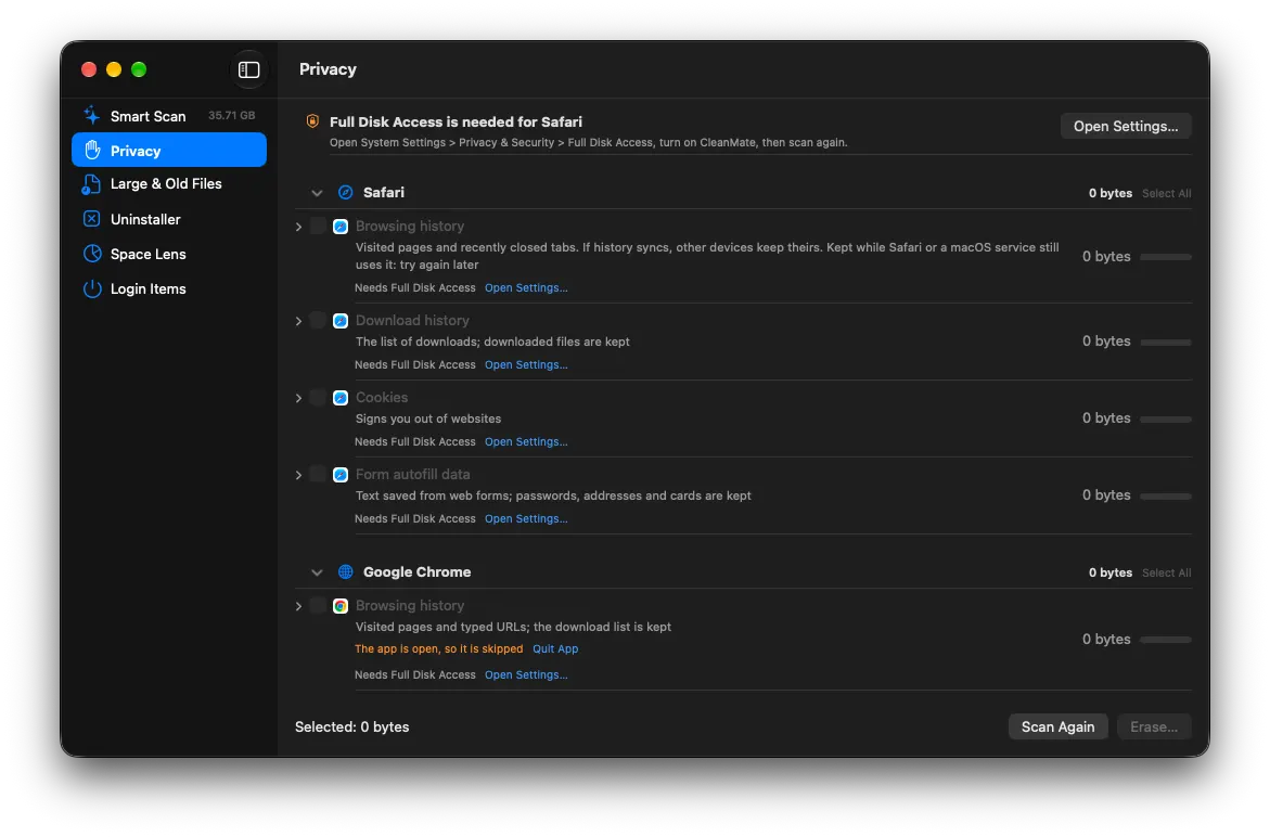 Privacy section listing browser data per browser
