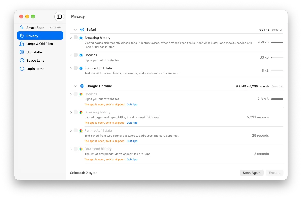 Privacy section listing browser data per browser