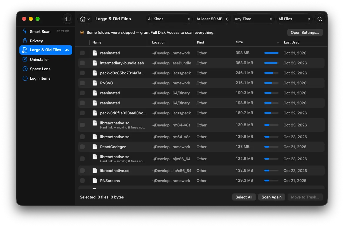 Large and old files sorted by size, with filters