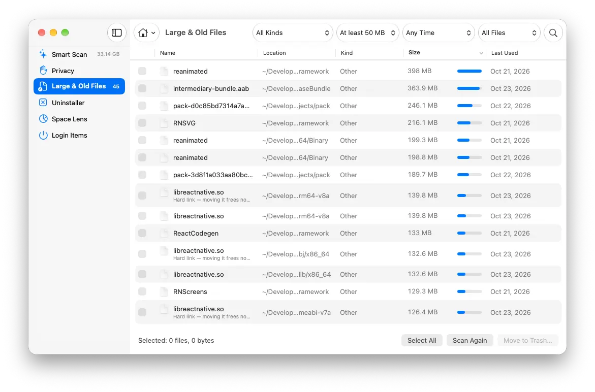 Large and old files sorted by size, with filters
