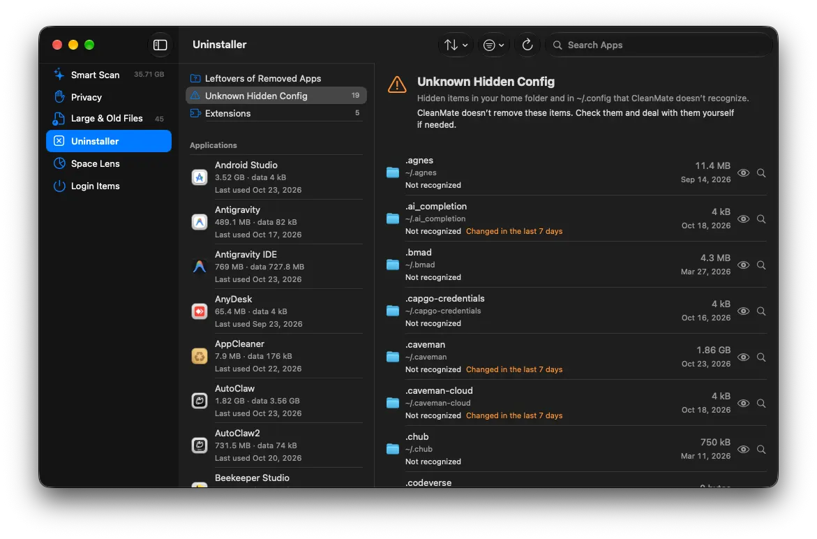 Uninstaller showing an app and the data that belongs to it