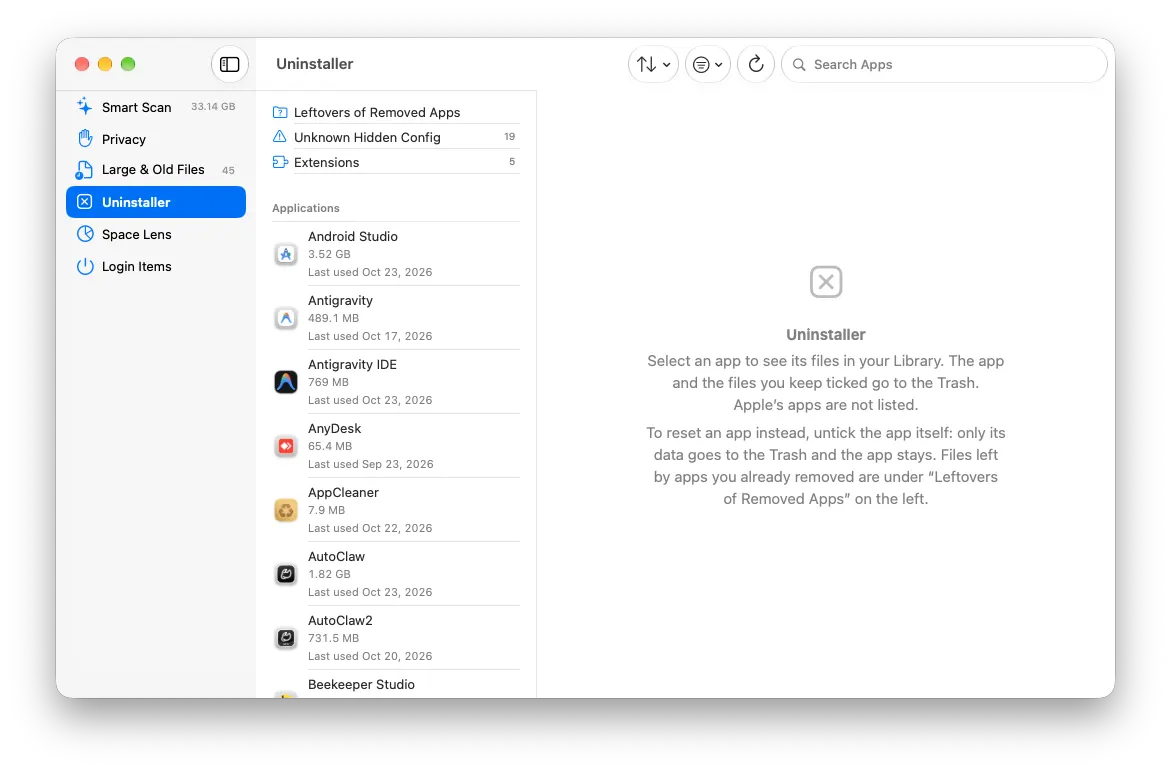Uninstaller showing an app and the data that belongs to it