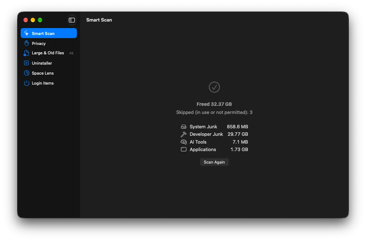 CleanMate after a Smart Scan cleanup, showing the space freed per group