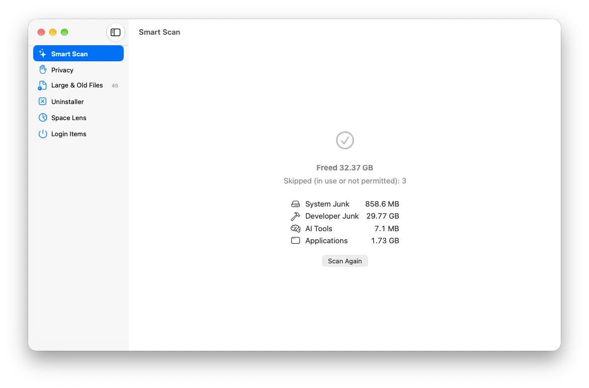 CleanMate after a Smart Scan cleanup, showing the space freed per group